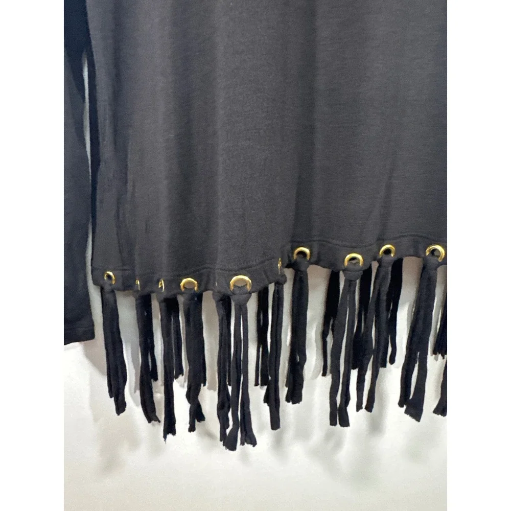 Michael Kors‎ Womens Black Fringe Grommet Long Sleeve Top Scoop Neck Small